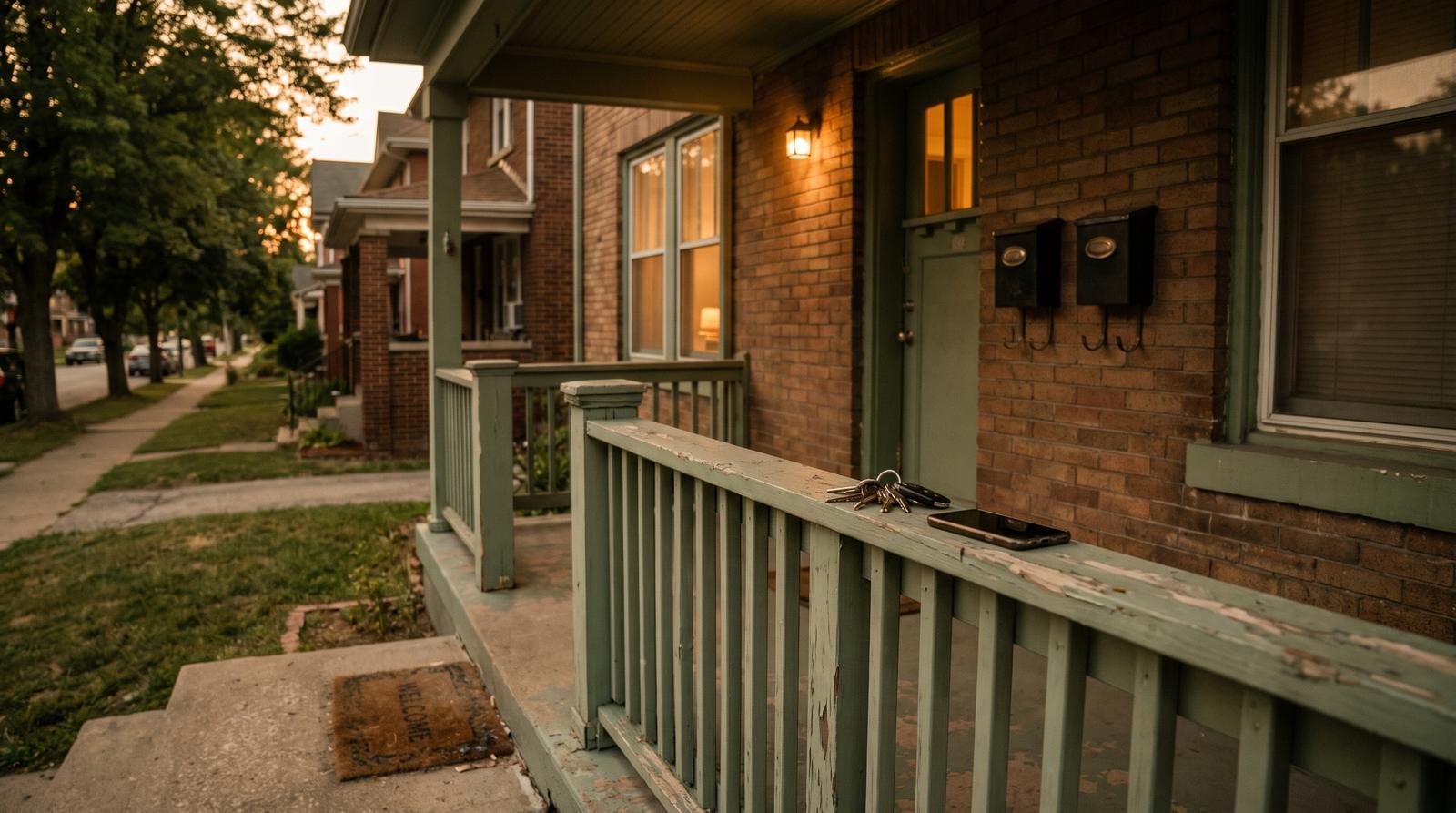 The front porch of a brick duplex at dusk, sage-green rail and trim, warm lamplight in the windows, two mailboxes by the door, and a ring of keys and a phone left on the rail.