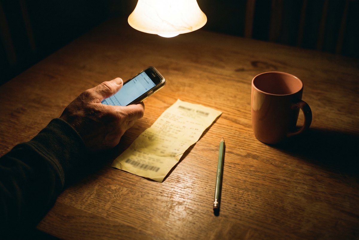 A weathered hand holding a phone above a paper receipt on a kitchen table at night, under a single warm lamp.