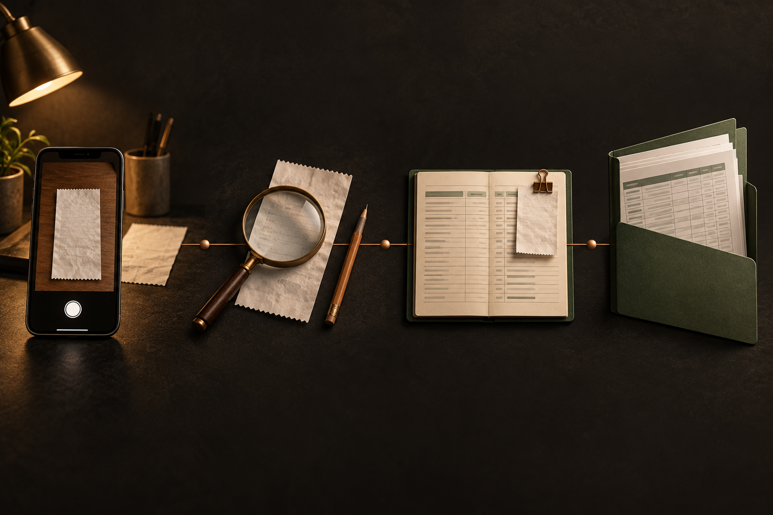 Illustrated workflow: a phone captures a receipt, a magnifying glass represents review, a ledger retains the record, and a folder represents export.