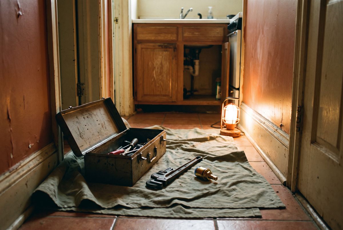 An open toolbox on a drop cloth in an apartment hallway, a pipe wrench and a new faucet cartridge laid out under a work light.