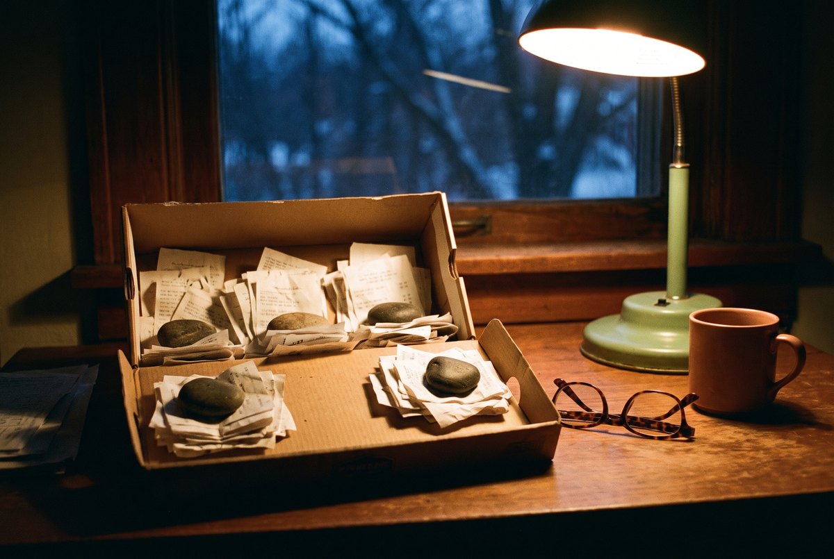 A shoebox of a year of paper receipts sorted into four stacks weighted down with river stones, beside reading glasses and a green desk lamp on a winter evening.